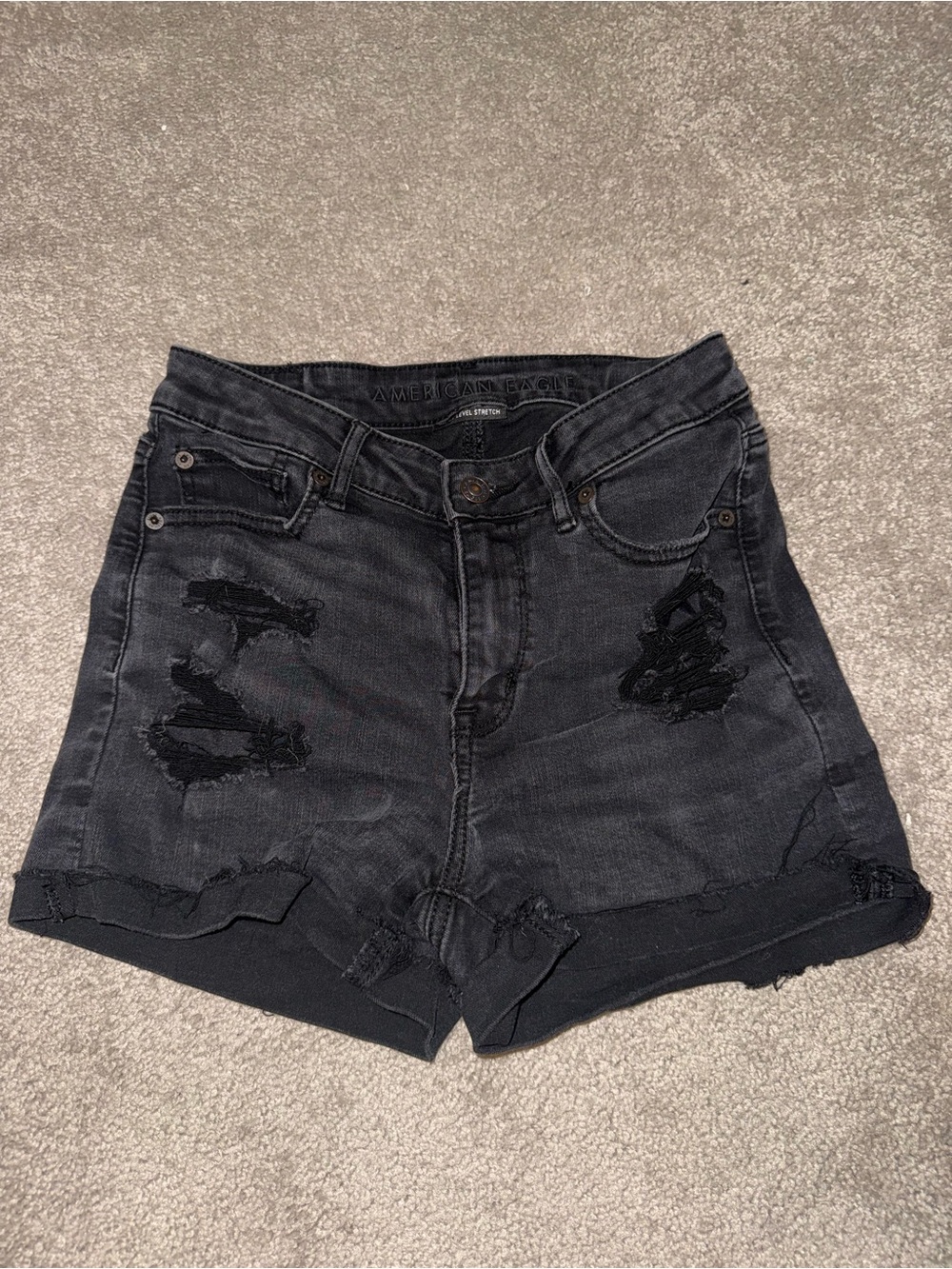 American Eagle Outfitters Black Distressed High-Rise Denim Shorts